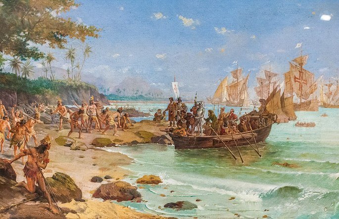 Desembarco de Cabral en Porto Seguro (óleo sobre lienzo), autor: Oscar Pereira da Silva, 1904. Colección del Museo Histórico Nacional, Río de Janeiro.