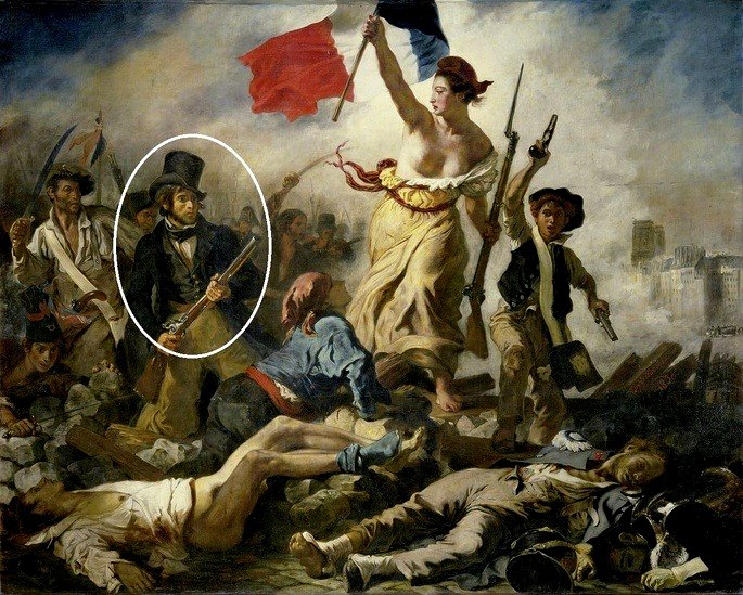 un hombre en la parte superior de su sombrero en Liberty liderando a la gente