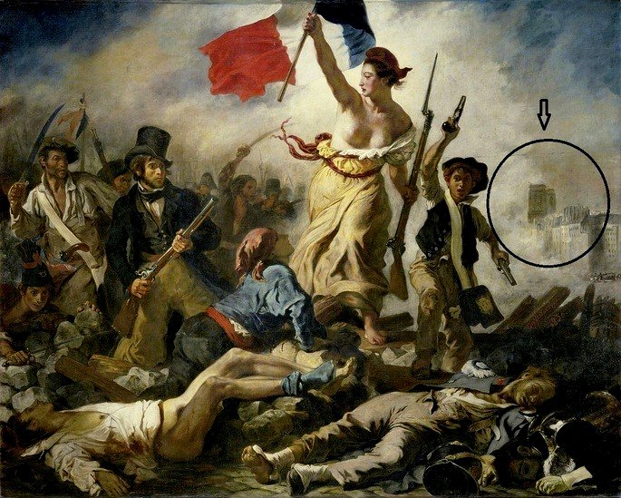 Un mural de Liberty guiando a la gente con las torres de Notre Dame prominentes