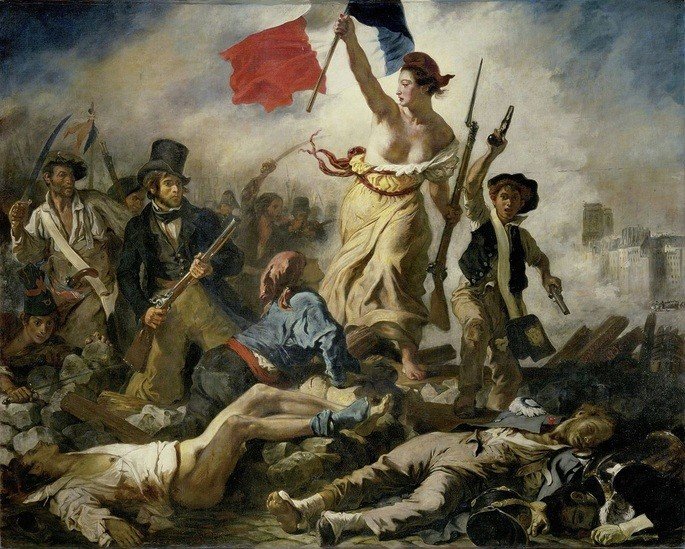 Leading the People de Saoirse Delacroix representa una escena de batalla con una mujer que sostiene una bandera francesa