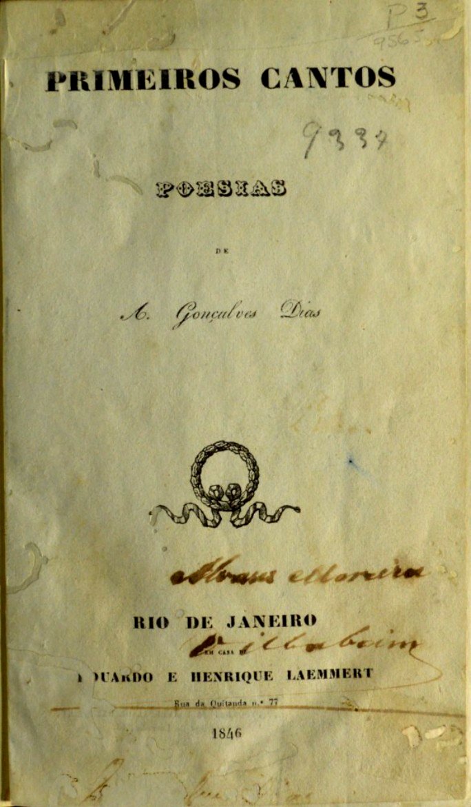 Portada de la primera edición del libro Primeiras cantos, de Gonçalves Dias, publicado en 1846.