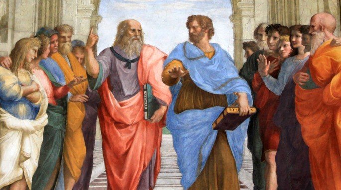 Escuela de Atenas de Rafael - detalles: Aristóteles y Platón.
