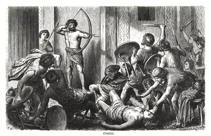 Grabado de Ulises mata pretendientes, 1880.